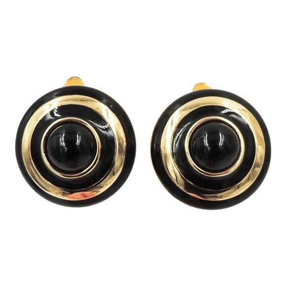 Vintage Courrèges Paris Cabochon Faux-Onyx Black Enamel Bulls Eye Clip Earrings